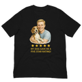 Blonde Man with Beagle graphic tee.