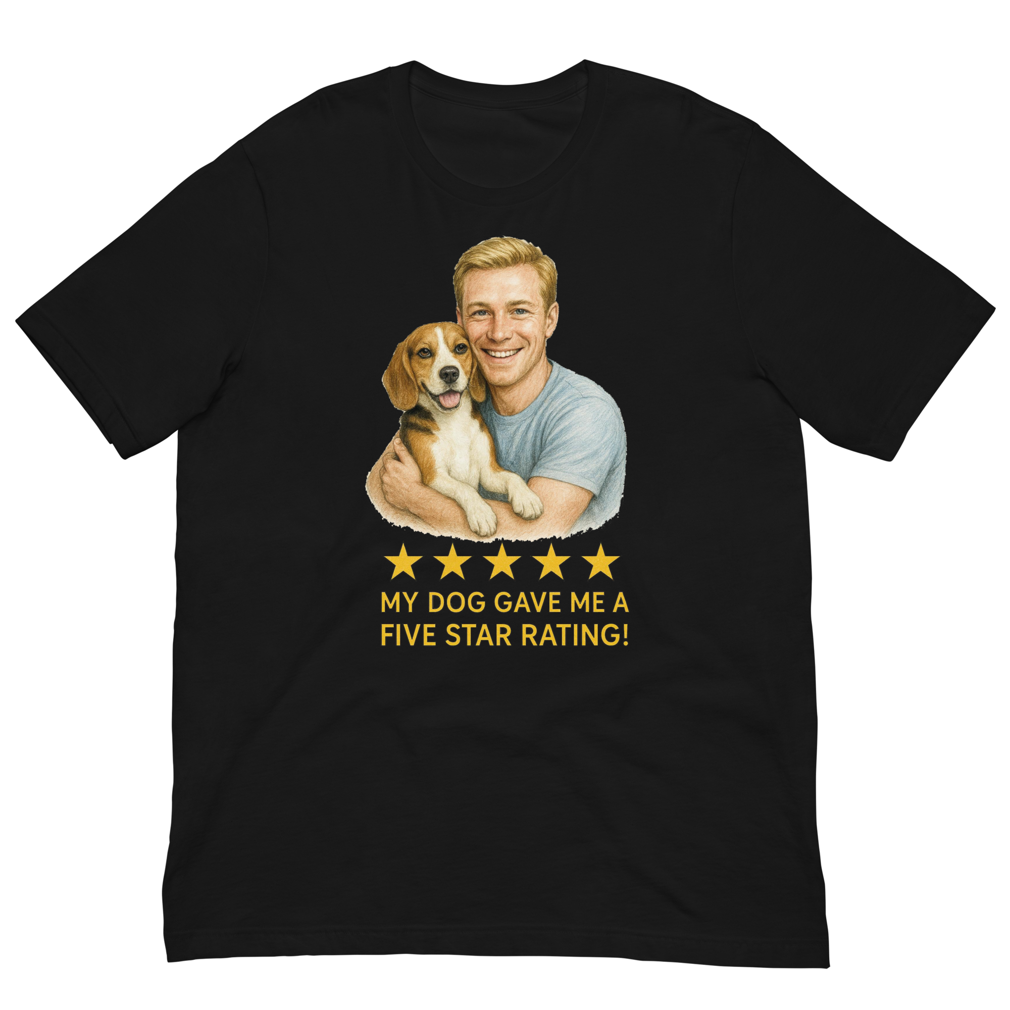 Blonde Man with Beagle graphic tee.