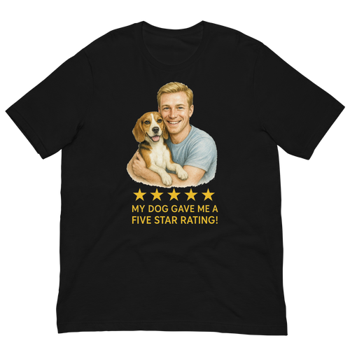 Blonde Man with Beagle graphic tee.