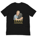 Blonde Man with Black Labrador graphic tee.
