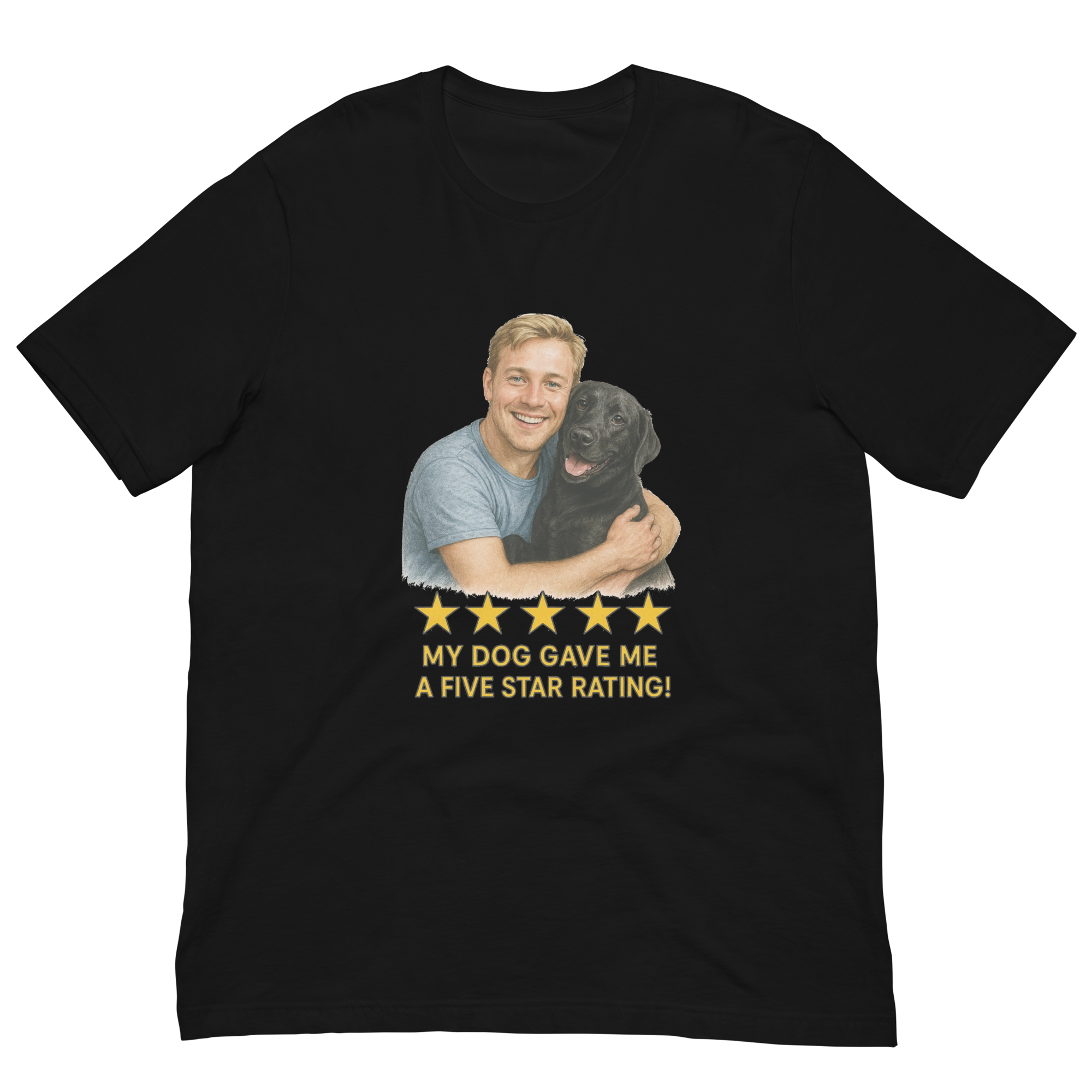 Blonde Man with Black Labrador graphic tee.