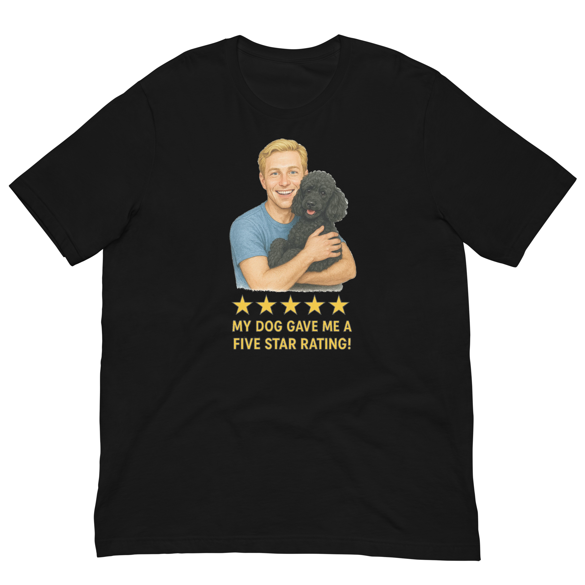 Blonde Man with Black Poodle graphic tee.