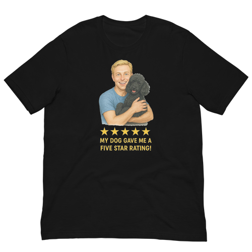 Blonde Man with Black Poodle graphic tee.