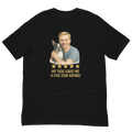 Blonde Man with Boston Terrier graphic tee.