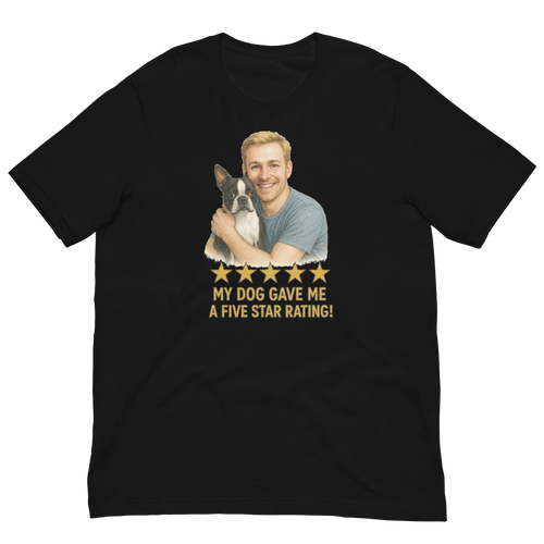 Blonde Man with Boston Terrier graphic tee.