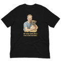 Blonde Man with Boxer graphic tee.