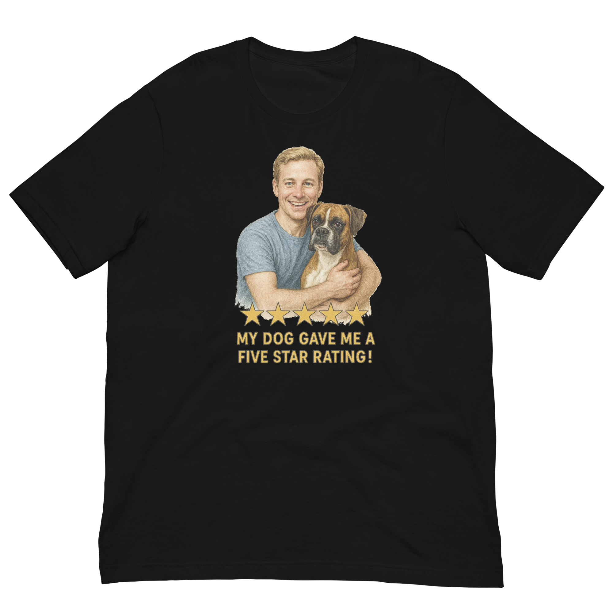 Blonde Man with Boxer graphic tee.