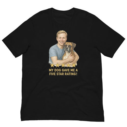 Blonde Man with Boxer graphic tee.