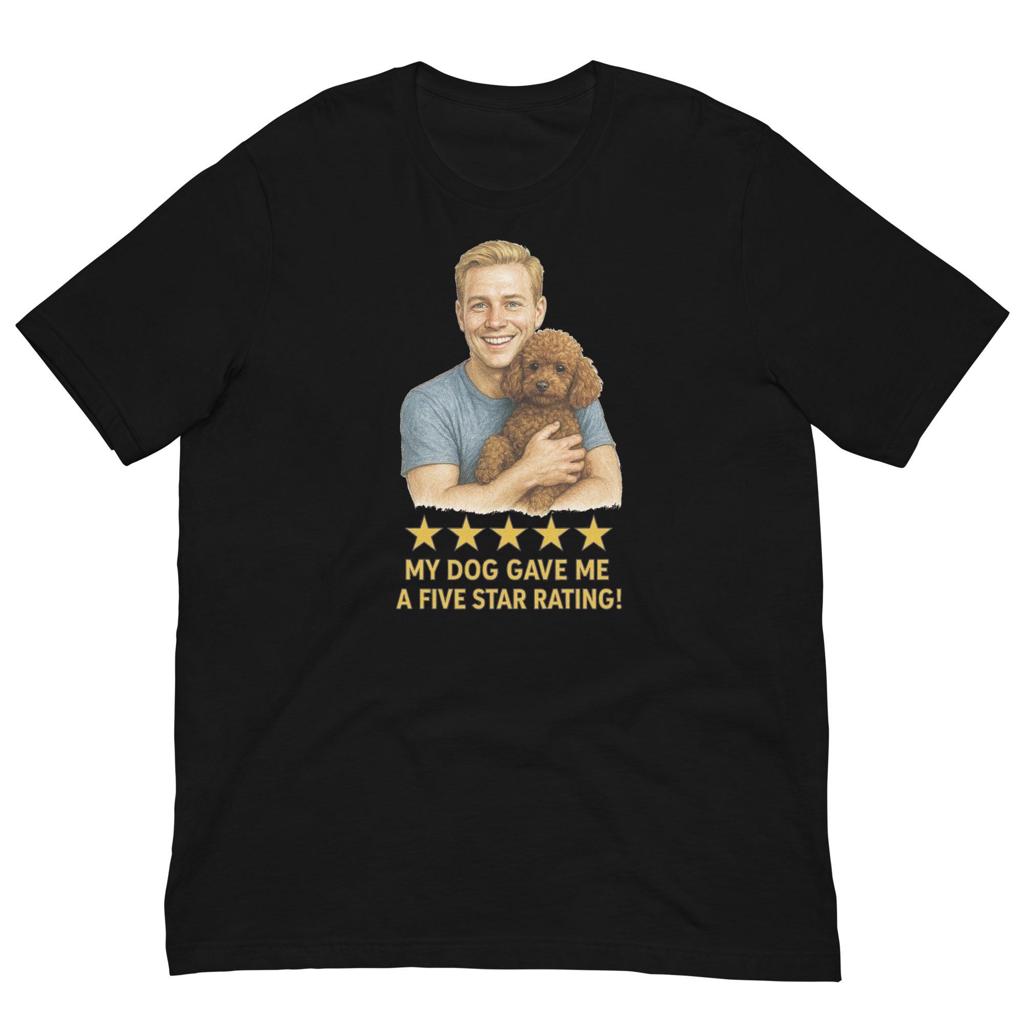 Blonde Man with Brown Poodle graphic tee.