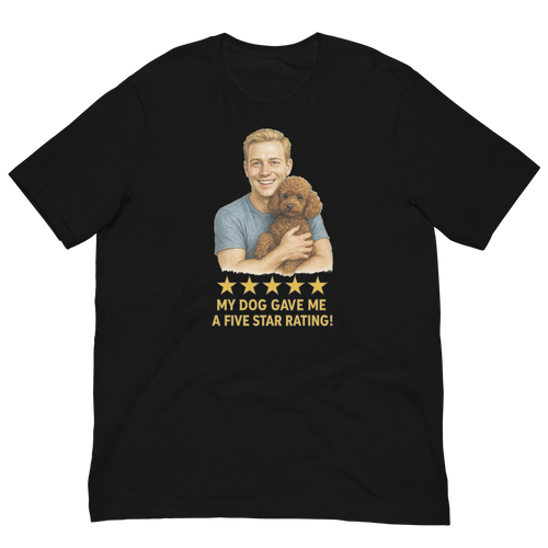 Blonde Man with Brown Poodle graphic tee.
