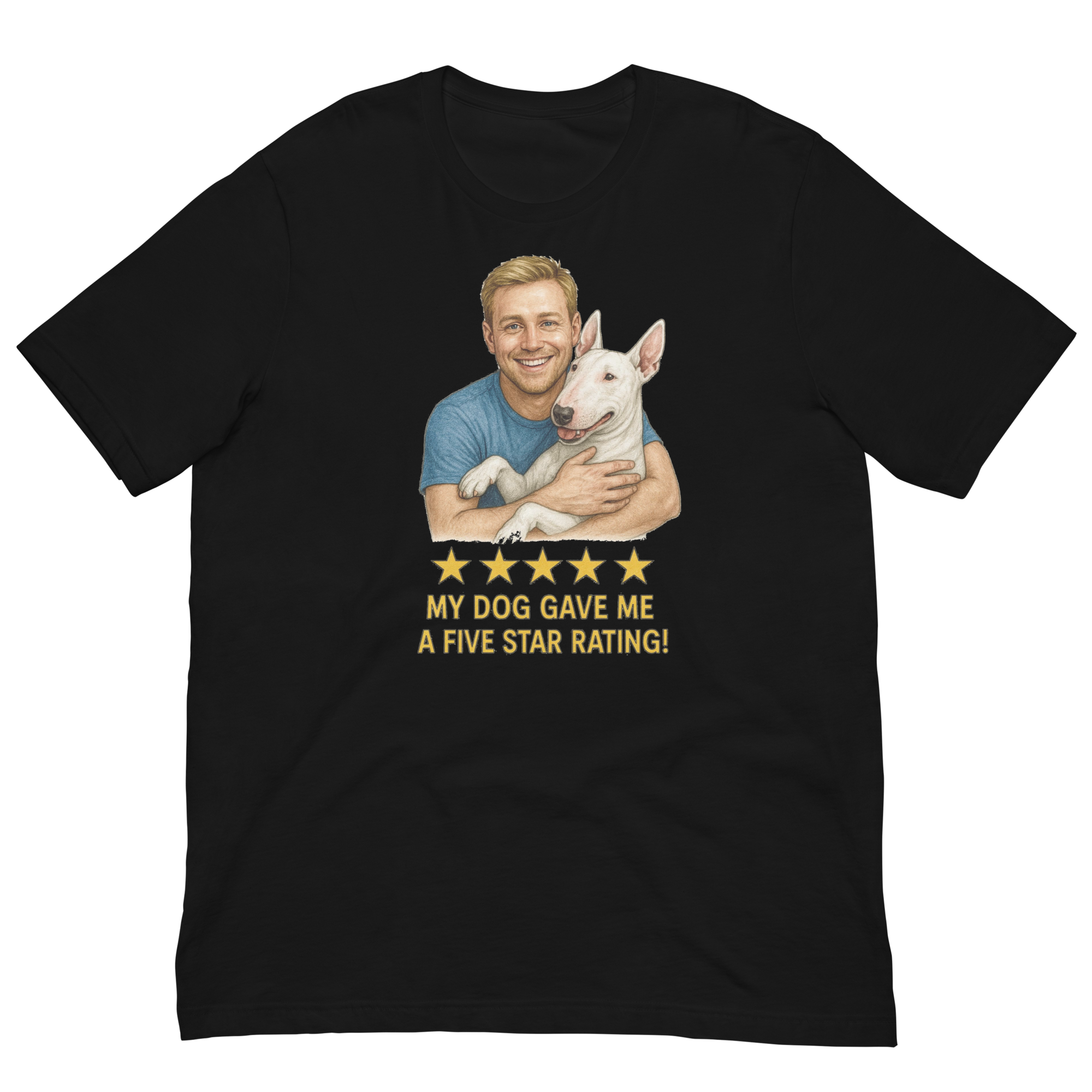 Blonde Man with Bull Terrier graphic tee.
