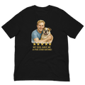 Blonde Man with Bulldog graphic tee.