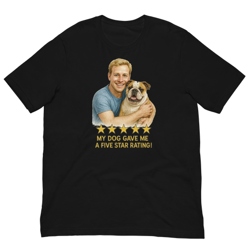 Blonde Man with Bulldog graphic tee.