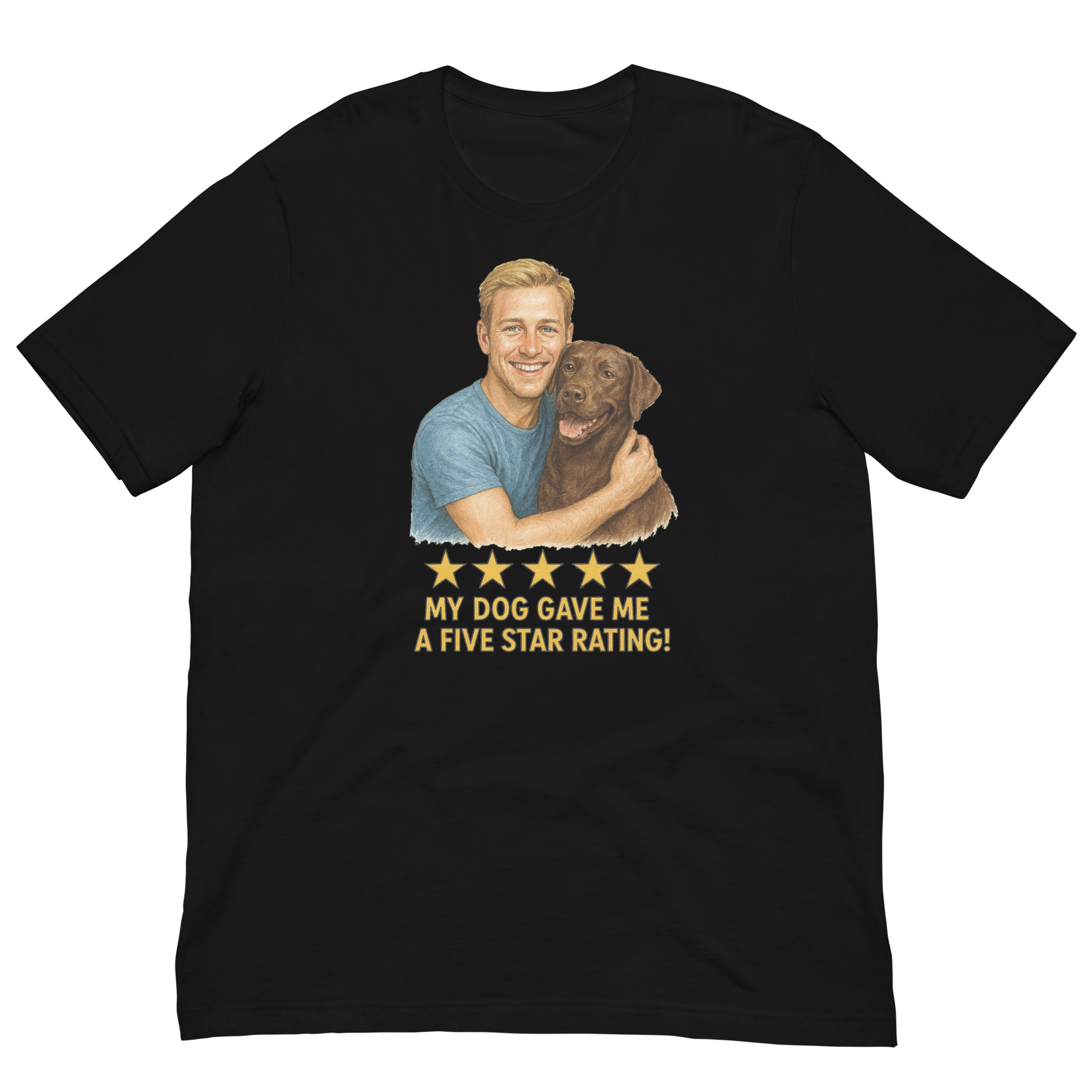 Blonde Man with Chocolate Labrador graphic tee.