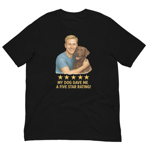 Blonde Man with Chocolate Labrador graphic tee.