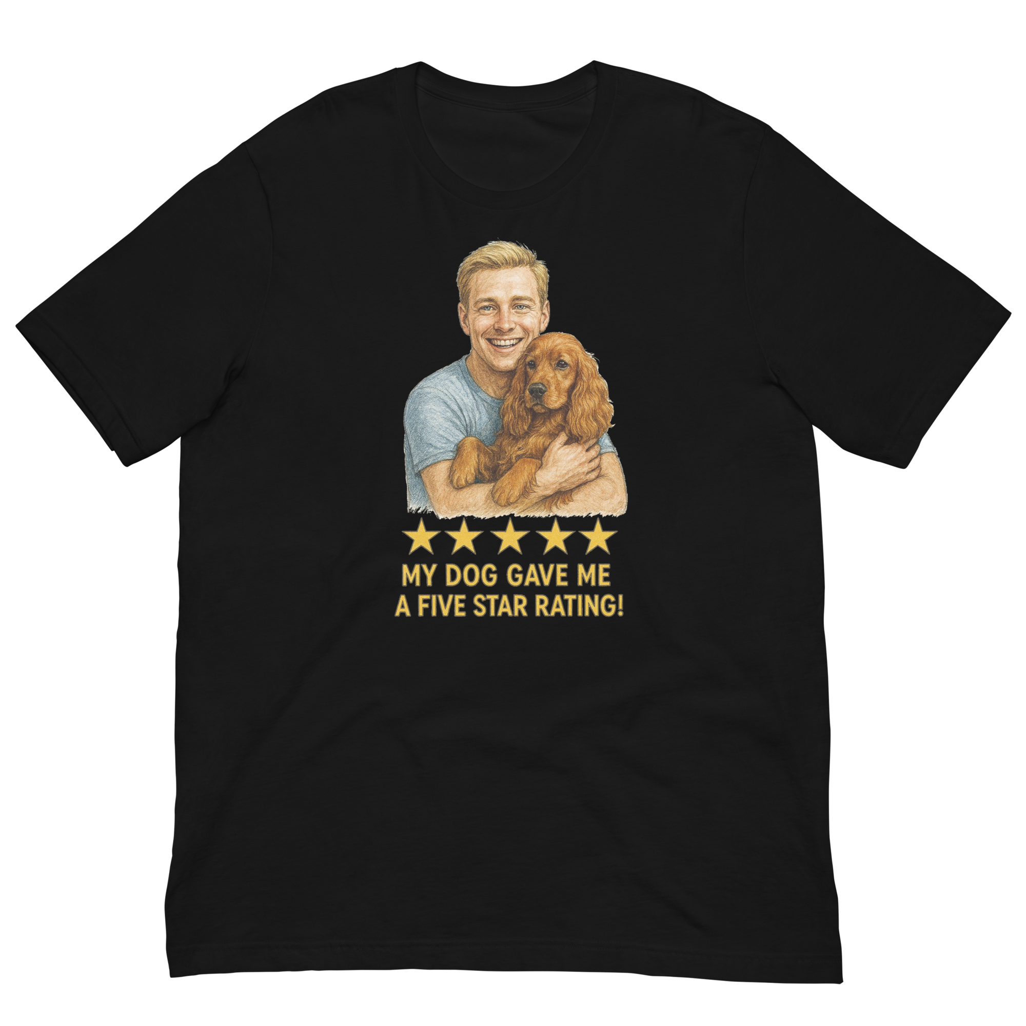 Blonde Man with Cocker Spaniel graphic tee.