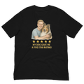 Blonde Man with Collie graphic tee.