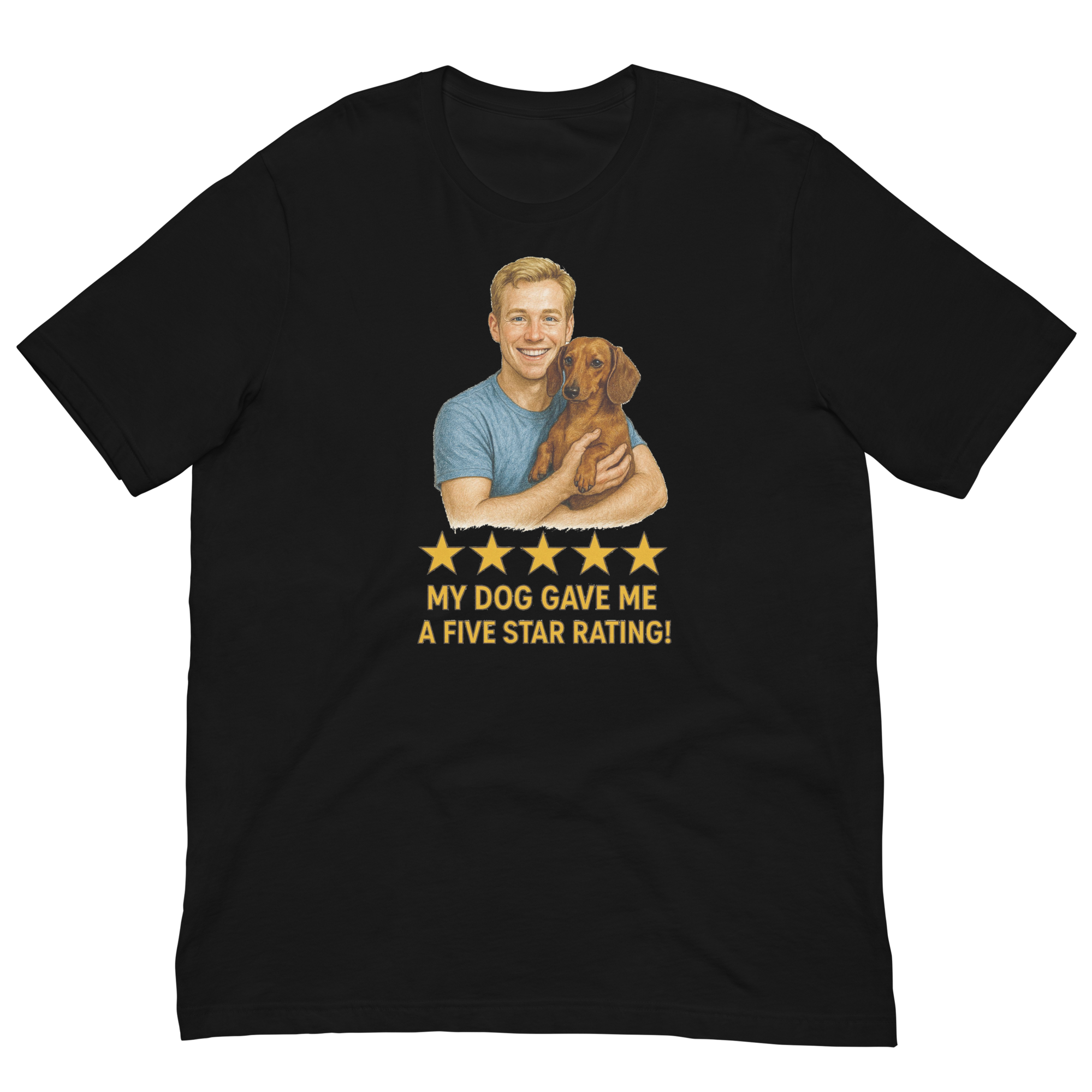 Blonde Man with Dachshund graphic tee.