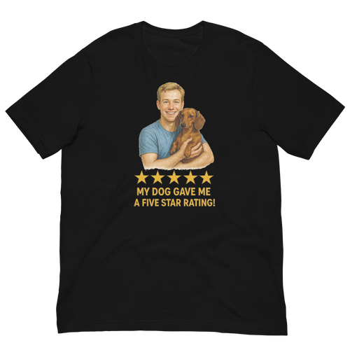 Blonde Man with Dachshund graphic tee.