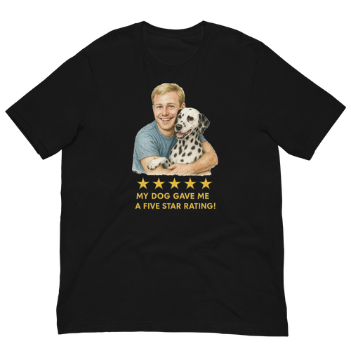 Blonde Man with Dalmatian graphic tee.