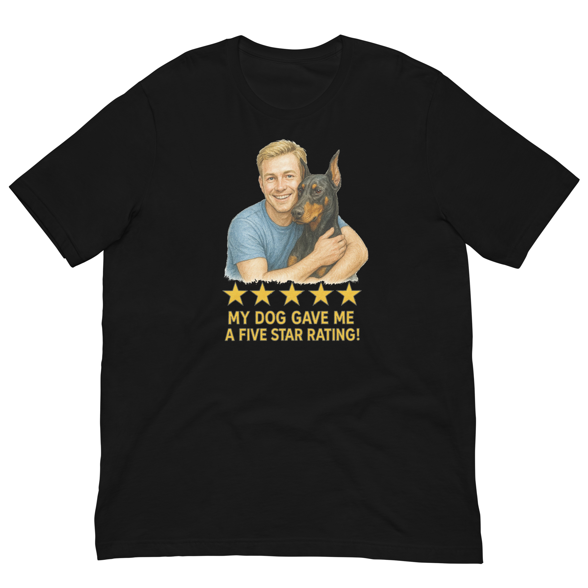 Blonde Man with Doberman Pinscher graphic tee.