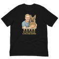 Blonde Man with German Shepherd graphic tee.