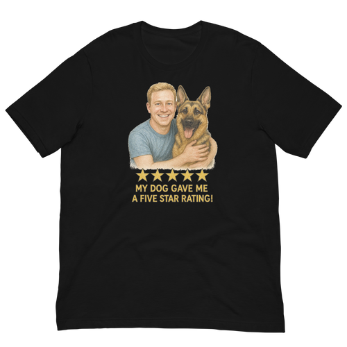 Blonde Man with German Shepherd graphic tee.