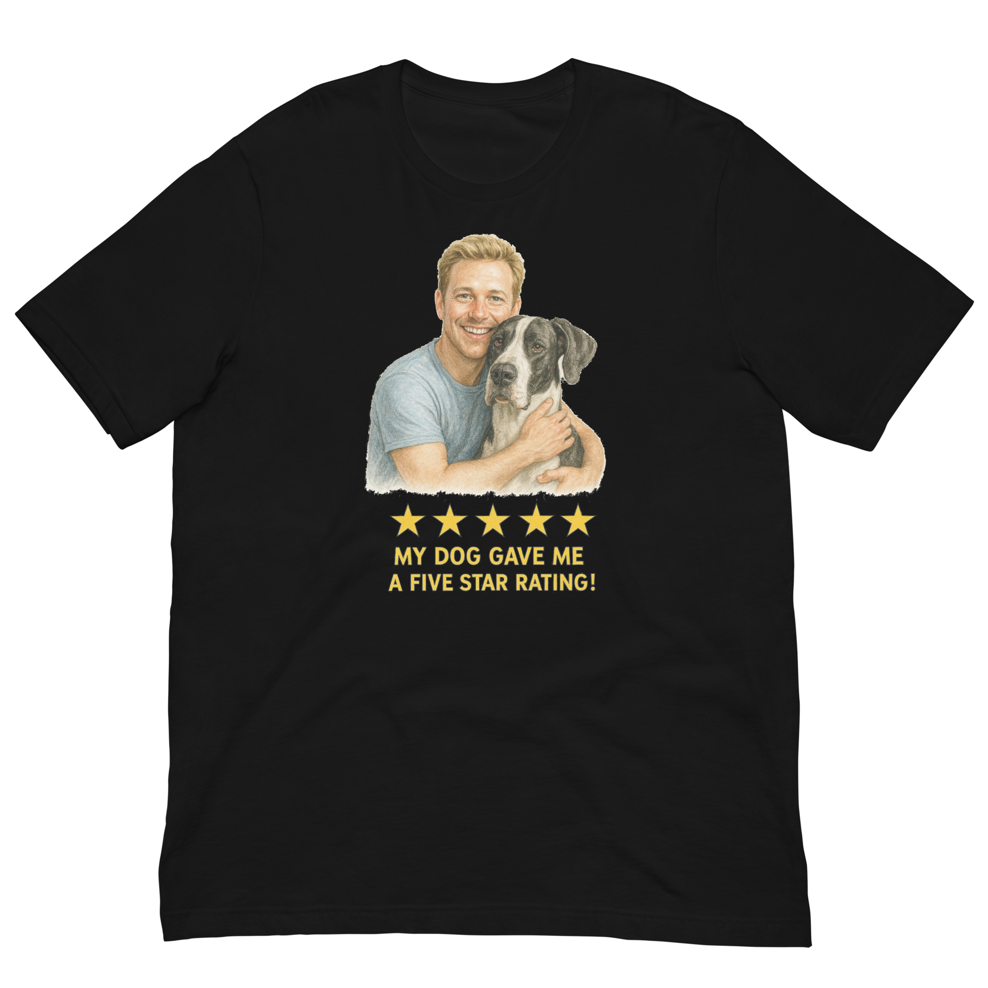 Blonde Man with Great Dane graphic tee.