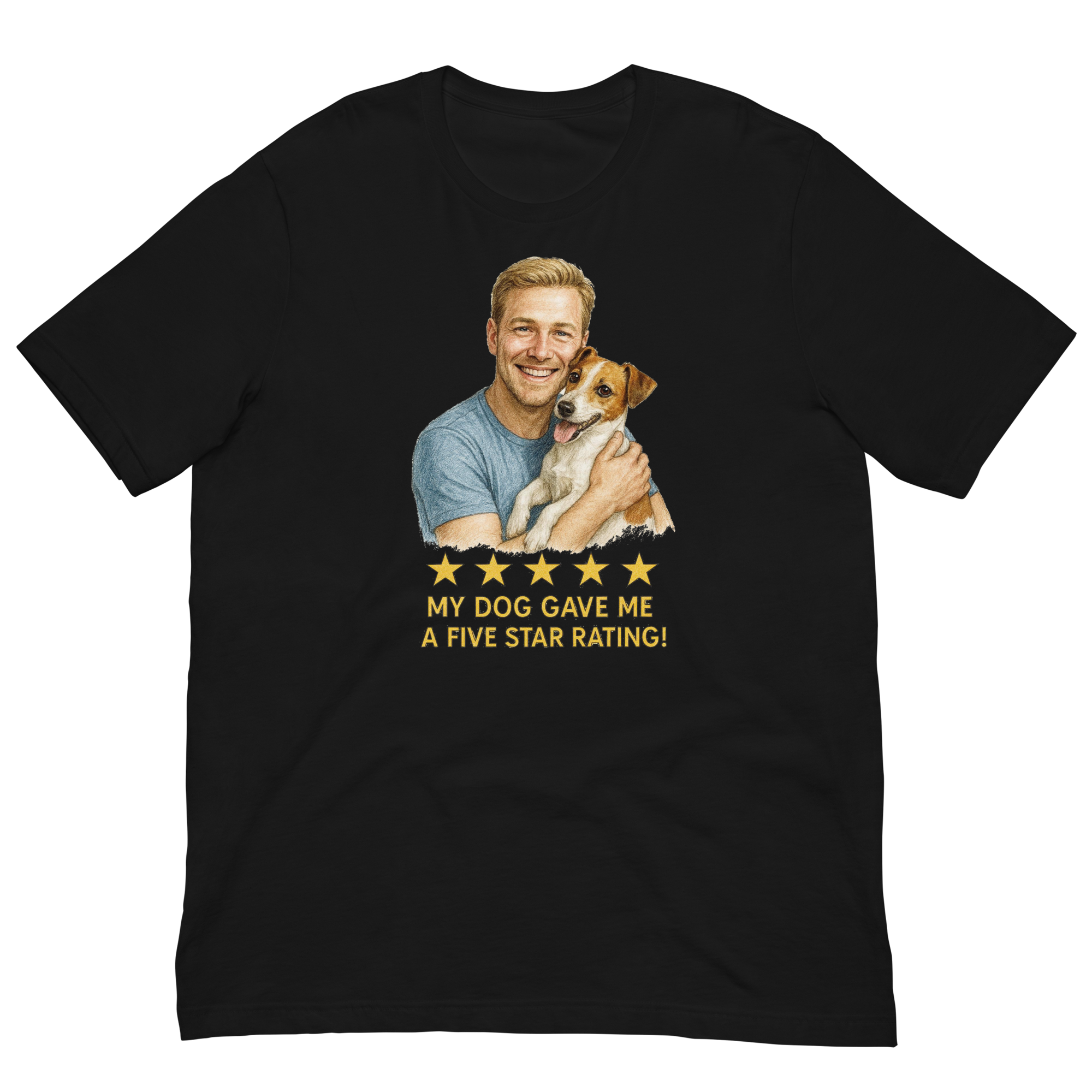 Blonde Man with Jack Russell Terrier graphic tee.