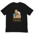 Blonde Man with Komondor graphic tee.