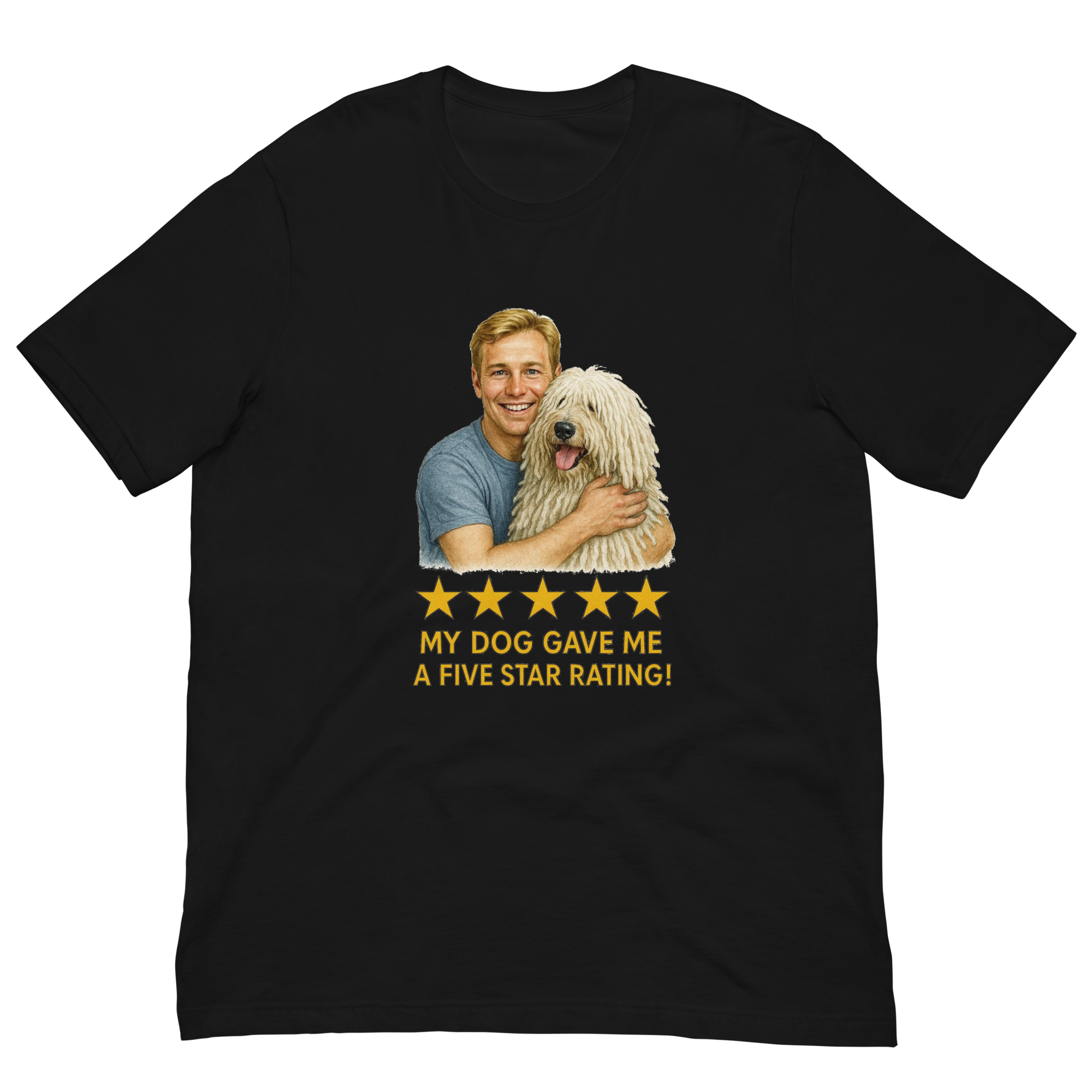 Blonde Man with Komondor graphic tee.