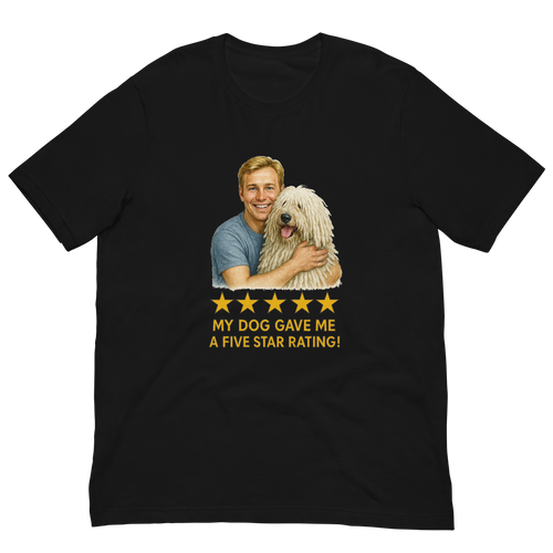 Blonde Man with Komondor graphic tee.