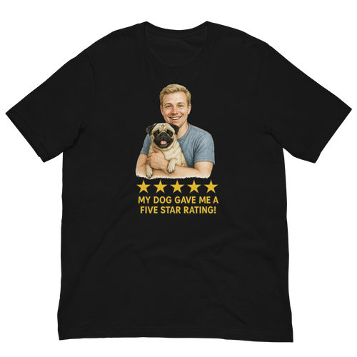 Blonde Man with Pug graphic tee.