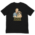 Blonde Man with Saint Bernard graphic tee.
