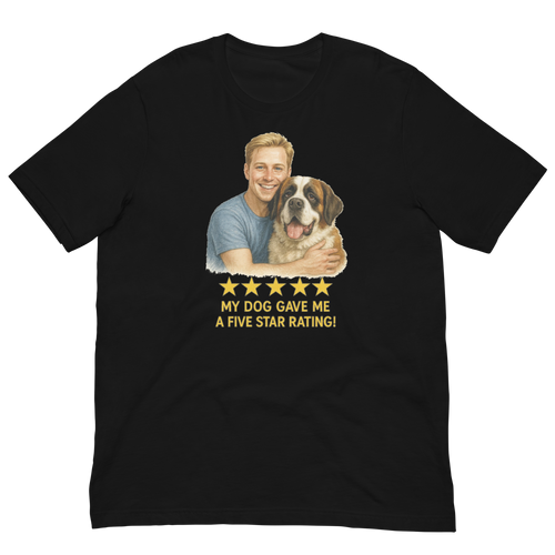 Blonde Man with Saint Bernard graphic tee.