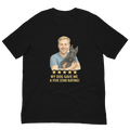 Blonde Man with Scottie graphic tee.