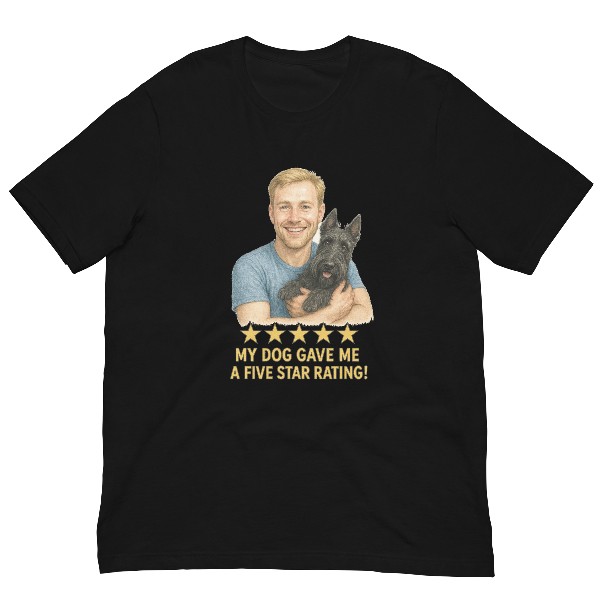 Blonde Man with Scottie graphic tee.