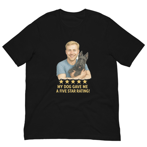 Blonde Man with Scottie graphic tee.