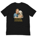 Blonde Man with Sheepdog graphic tee.