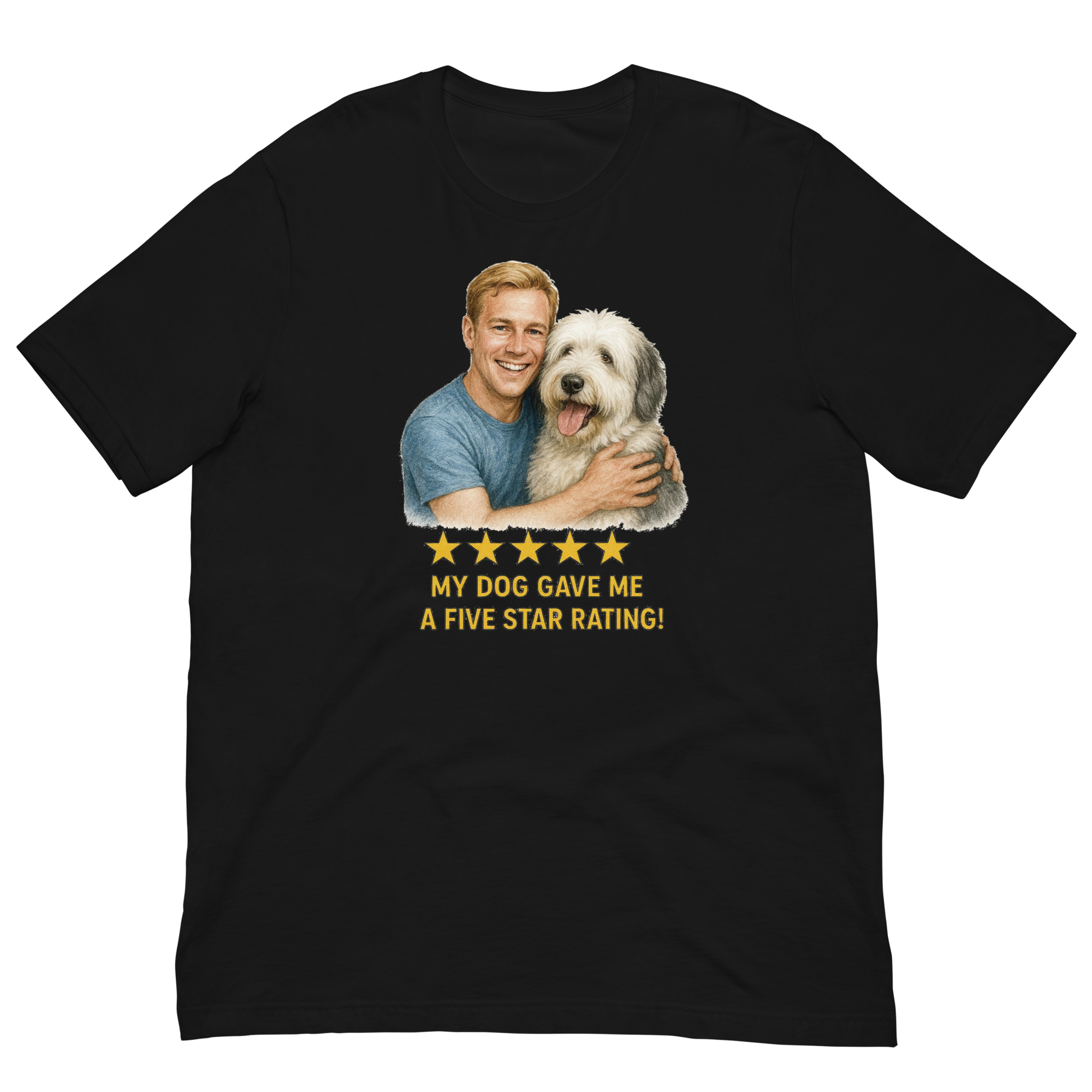 Blonde Man with Sheepdog graphic tee.