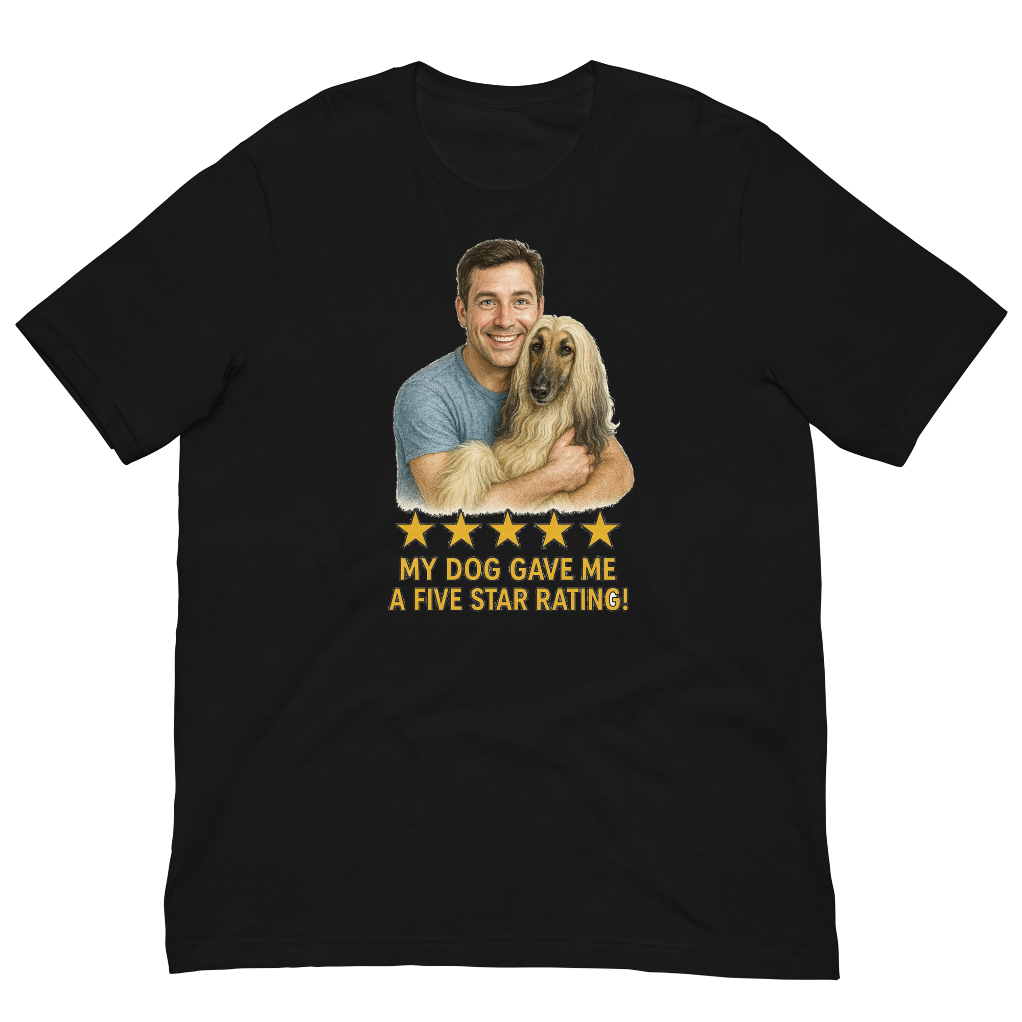 Brunette Man with Afghan Hound graphic tee.