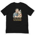 Brunette Man with Alaskan Husky graphic tee.