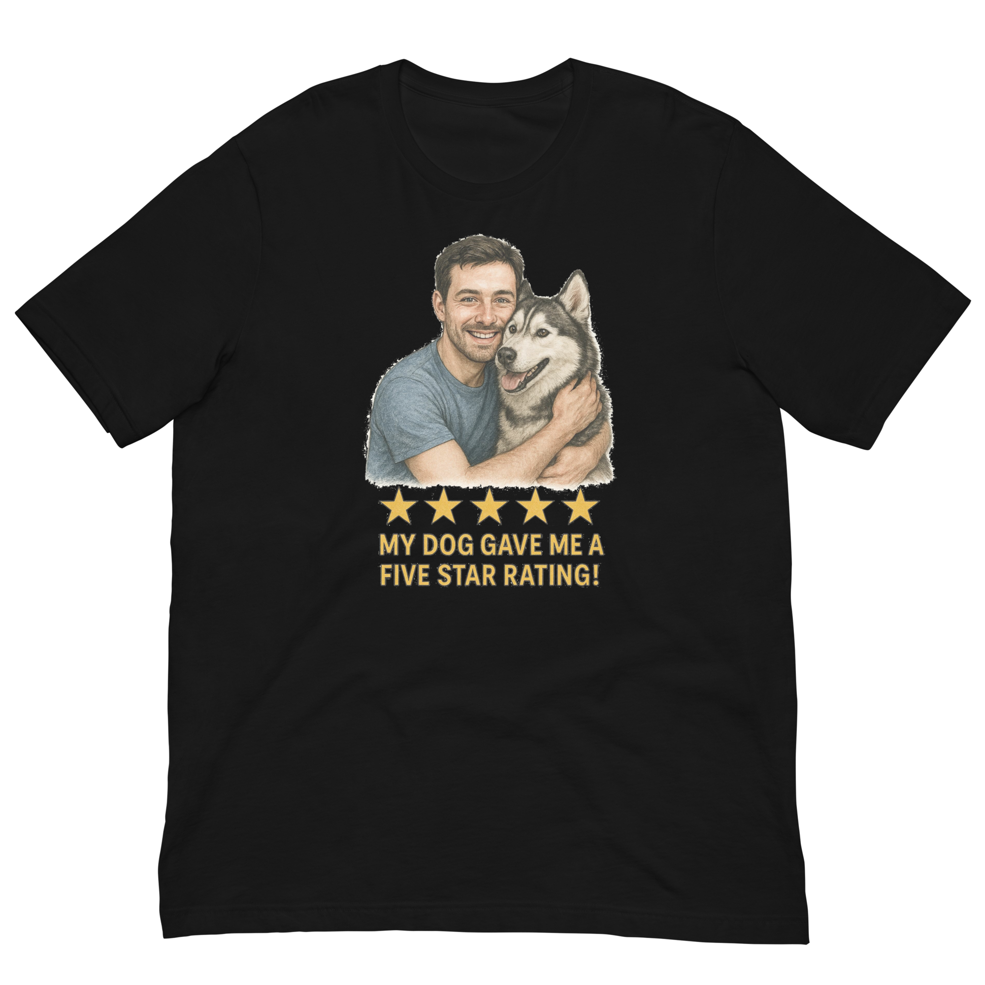 Brunette Man with Alaskan Husky graphic tee.