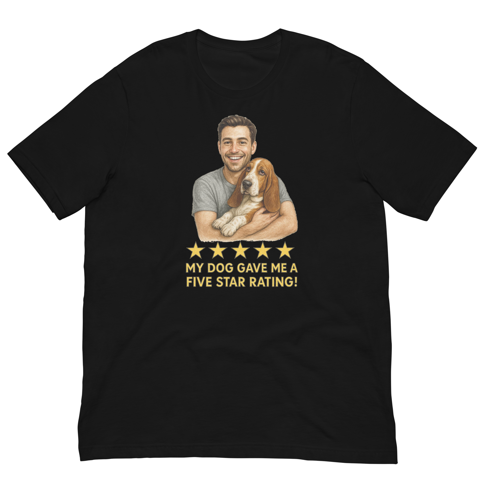 Brunette Man with Basset Hound graphic tee.