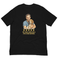 Brunette Man with Beagle graphic tee.