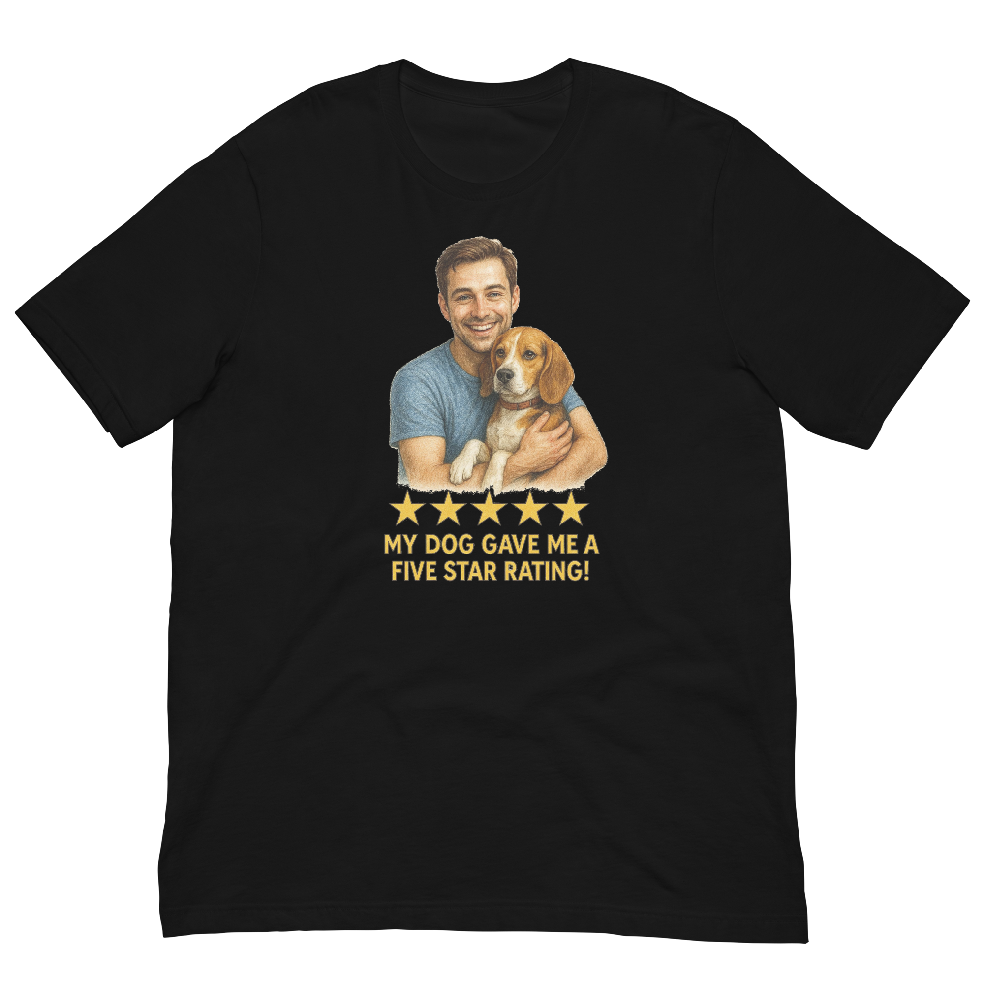 Brunette Man with Beagle graphic tee.