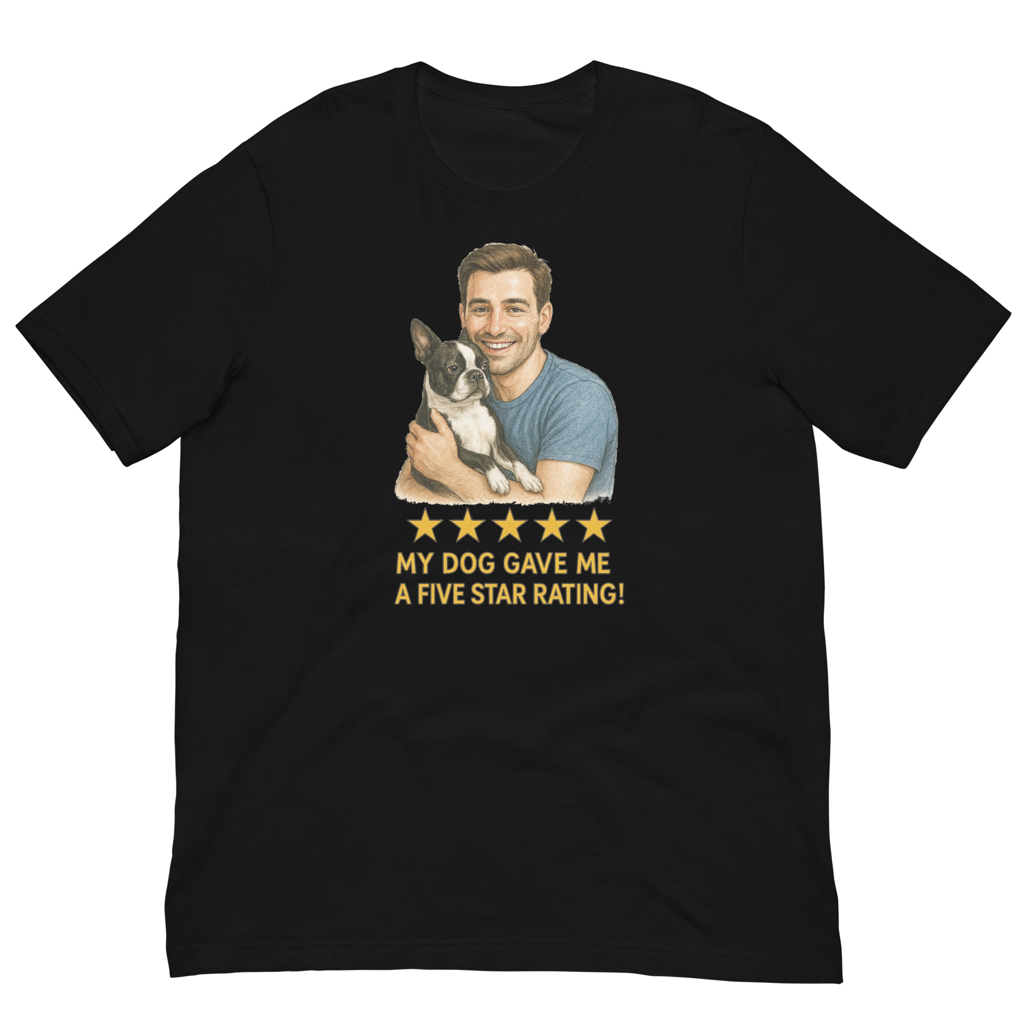 Brunette Man with Boston Terrier graphic tee.