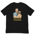 Brunette Man with Boxer graphic tee.