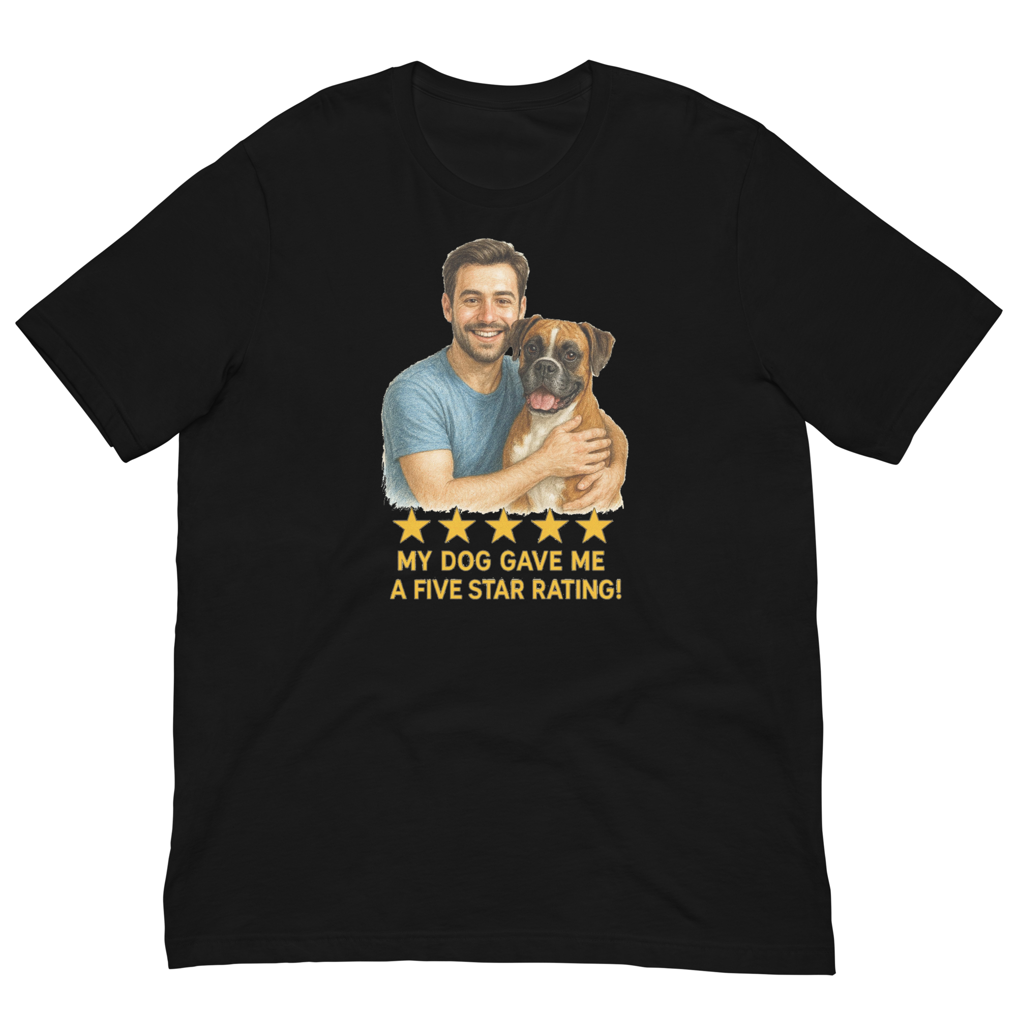Brunette Man with Boxer graphic tee.