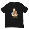 Brunette Man with Brown Poodle graphic tee.